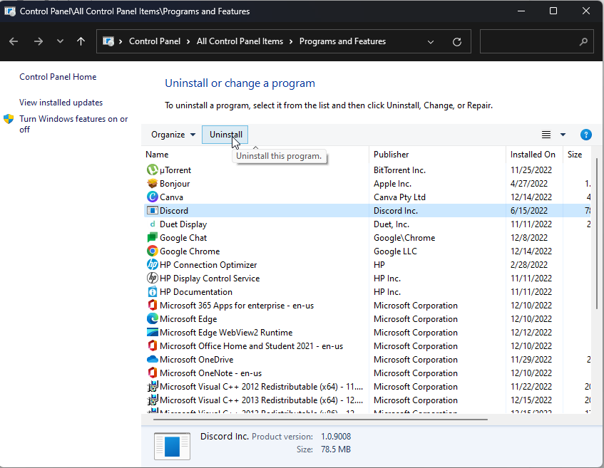 Удаление Discord через Панель управления Windows