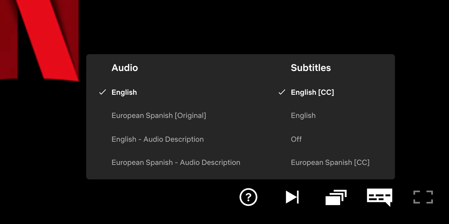 Выбор звука и субтитров в веб‑плеере Netflix