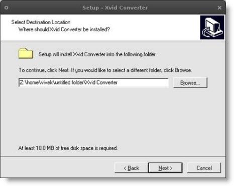 Выбор папки установки Xvid Converter в среде CrossOver