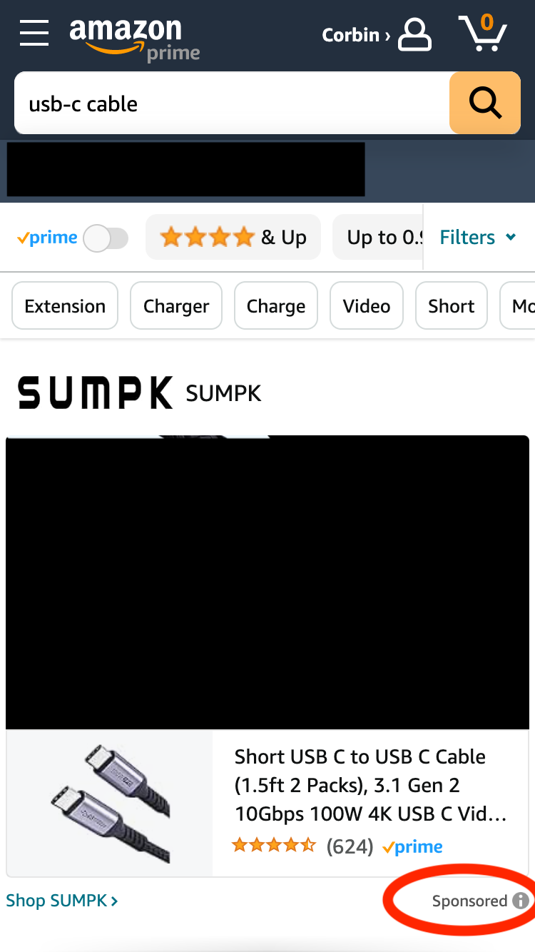 Метка «Sponsored» в результатах поиска Amazon