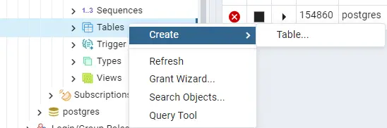 Опция Create Table в pgAdmin