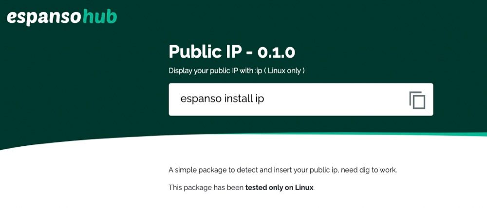 Каталог пакетов Espanso Hub — скриншот страницы пакета