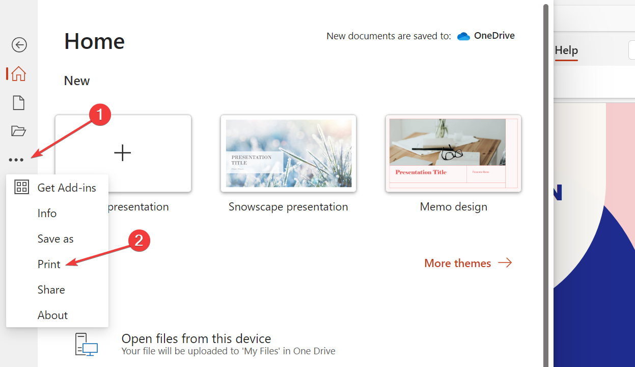 PowerPoint Online — меню 'Печать' в трёх точках