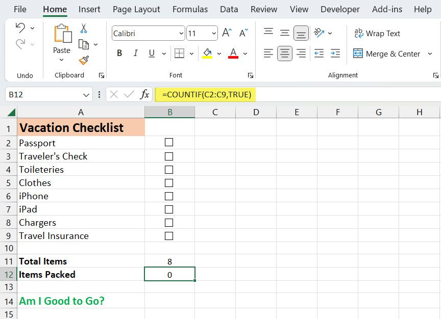 Использование формулы COUNTIF для подсчёта отмеченных пунктов