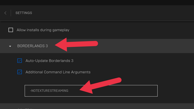 Настройки параметров Borderlands в Epic Games Store