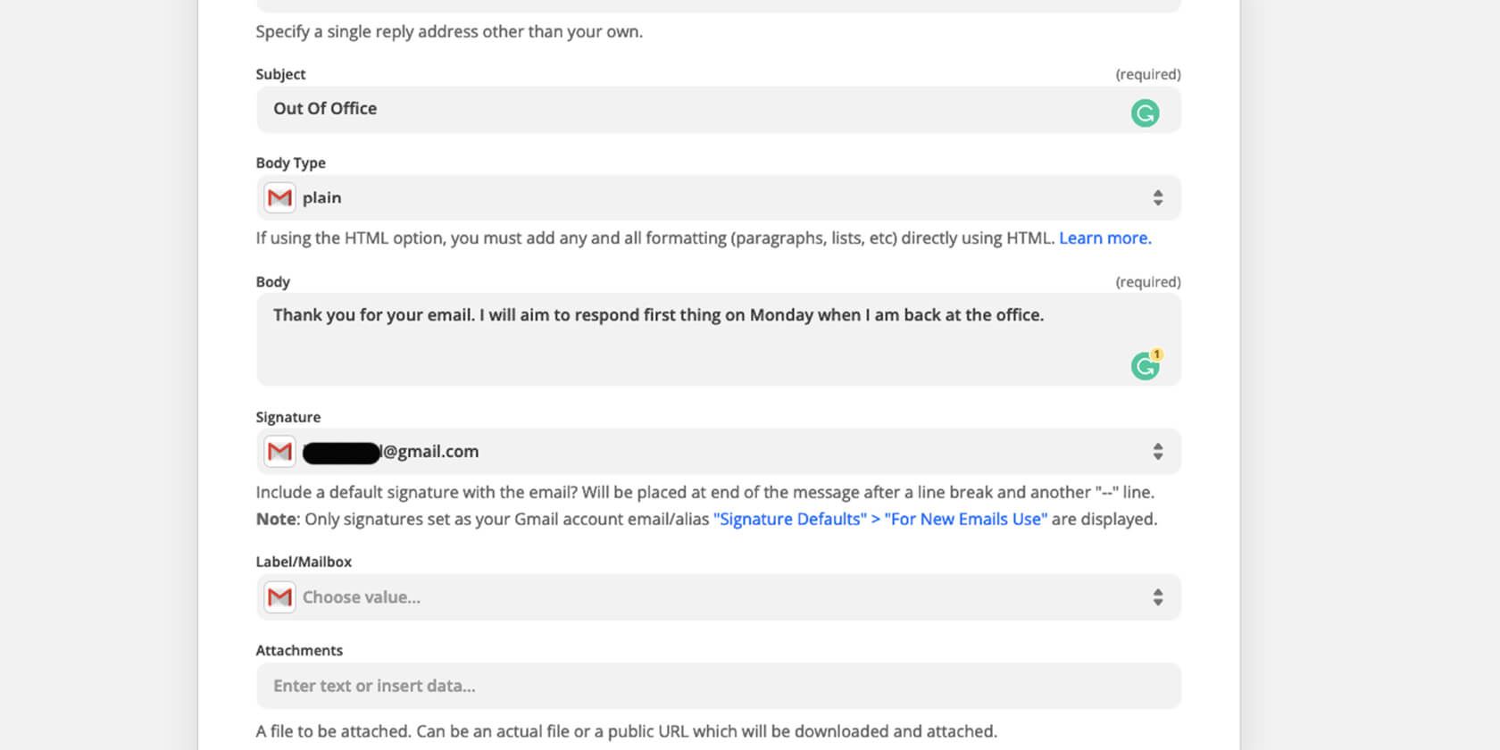 Тест письма автоответа в Gmail, отправленное через Zapier