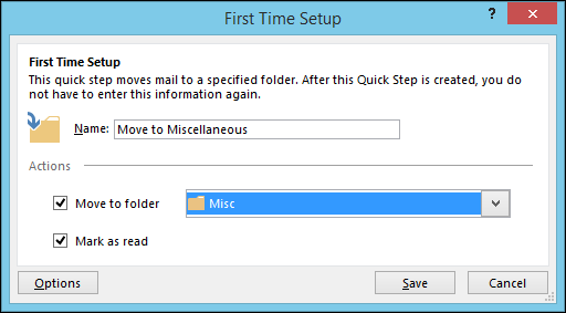 Снимок экрана: пример Quick Step, перемещение в папку Misc и пометка как прочитанное