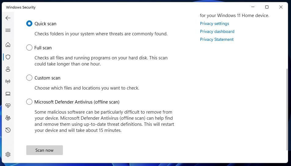 Кнопка Scan now в Windows Security