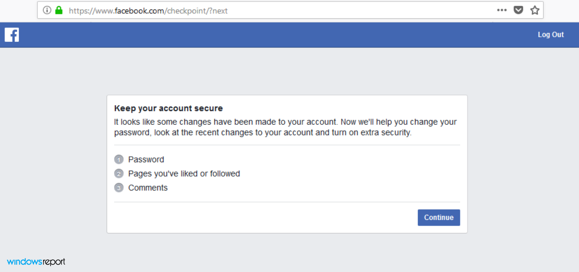 Подсказка Facebook «Сделать аккаунт безопасным»