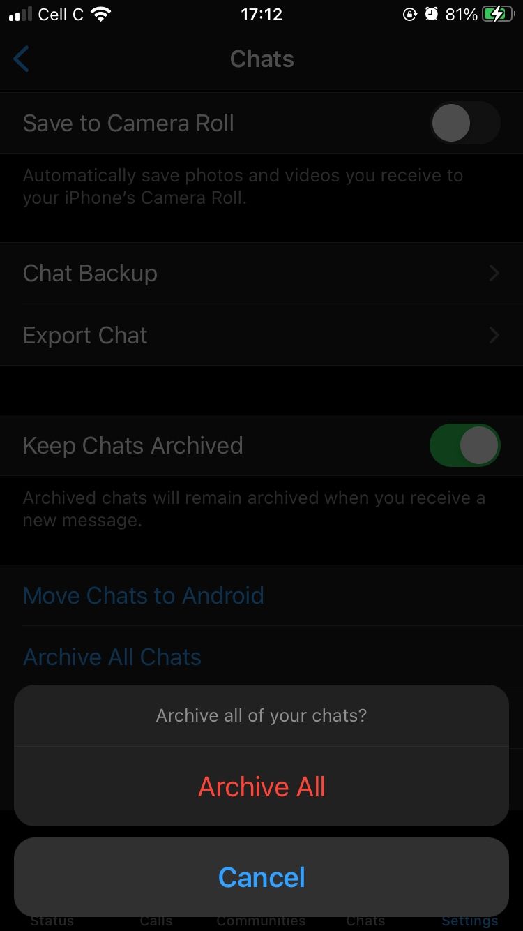 Опция «Архивировать все чаты» в мобильном приложении WhatsApp