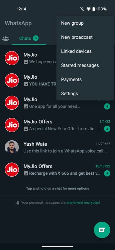 Меню «Настройки» в WhatsApp на Android