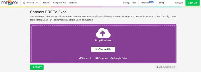 Главная страница PDF2Go для конвертации PDF в Excel.
