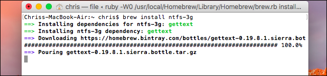 Установка ntfs-3g через Homebrew с выводом в терминале