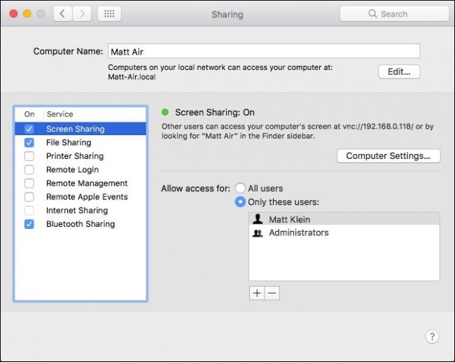Экран с включённым экранным доступом и IP-адресом Mac