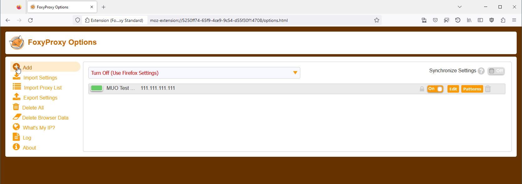 A Screenshot of the Firefox Add on FoxyProxy Standard in Use