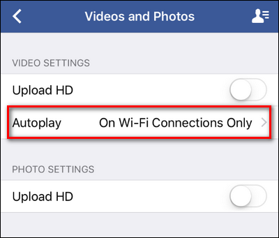 Настройка «Никогда автозапускать видео» в мобильном приложении Facebook