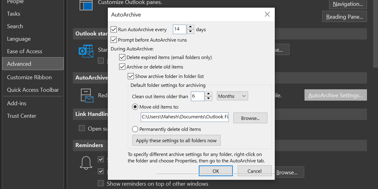 Настройка автоматического архива в Outlook