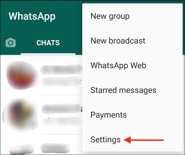 Выберите опцию Settings в меню WhatsApp для Android
