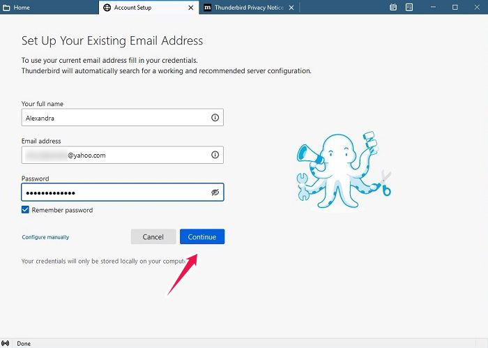 Окно входа Yahoo в Thunderbird