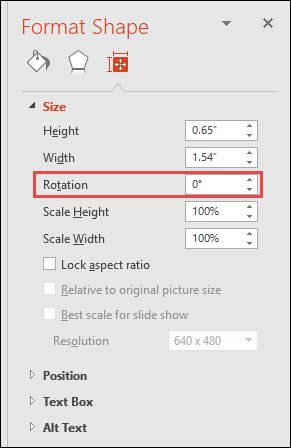 Окно Формат фигуры: точный ввод угла поворота