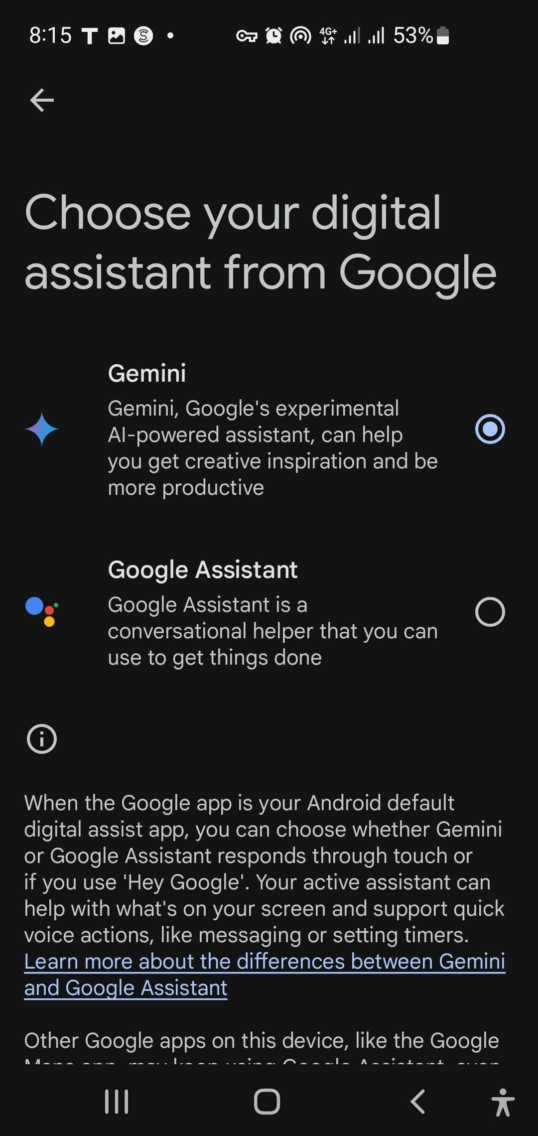 Выбор цифрового помощника в настройках Gemini
