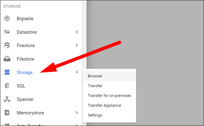 Консоль Google Cloud — раздел Storage, просмотр бакетов