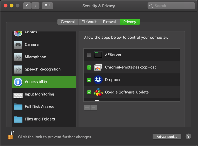 Системные настройки macOS: разрешение Accessibility для ChromeRemoteDesktopHost