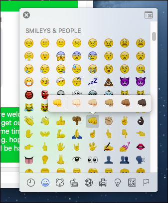 Панель эмодзи на OS X с удержанием для выбора тона кожи