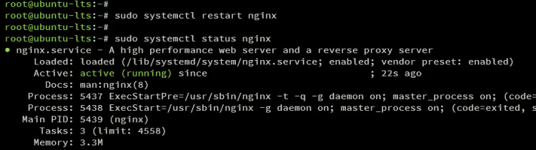 Статус Nginx после перезапуска