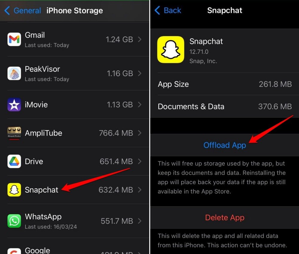 Выгрузить приложение Snapchat — кнопка Выгрузить