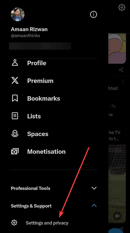Opções de Configurações e privacidade no app X