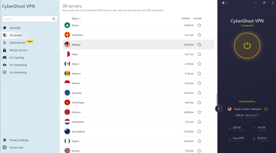 Интерфейс CyberGhost