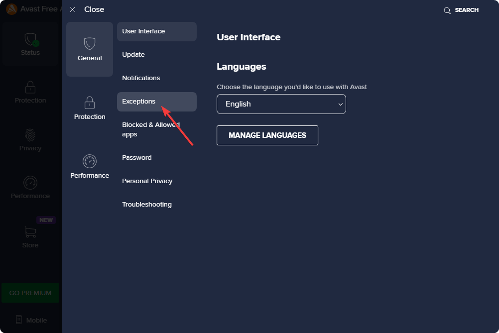 Раздел исключений в Avast