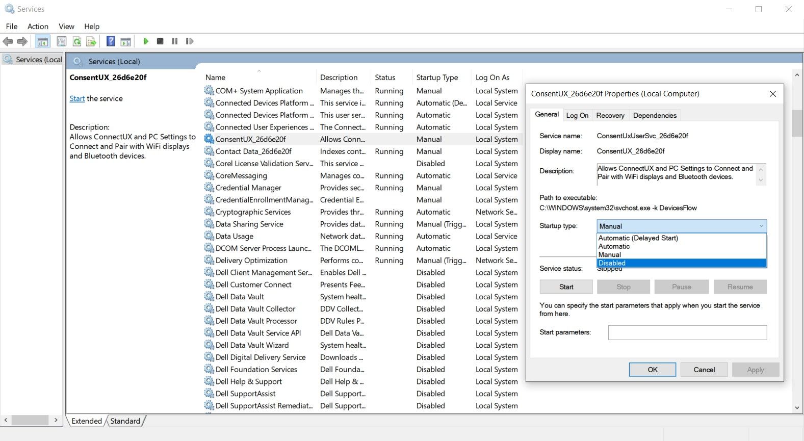 Меню Службы в Windows