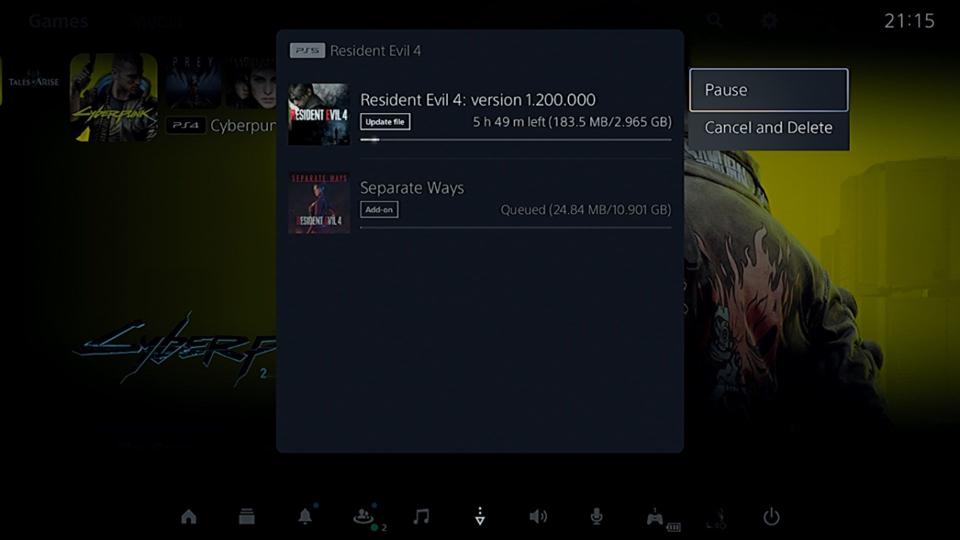 Pausing a download on the PS5's Downloads/Uploads page.