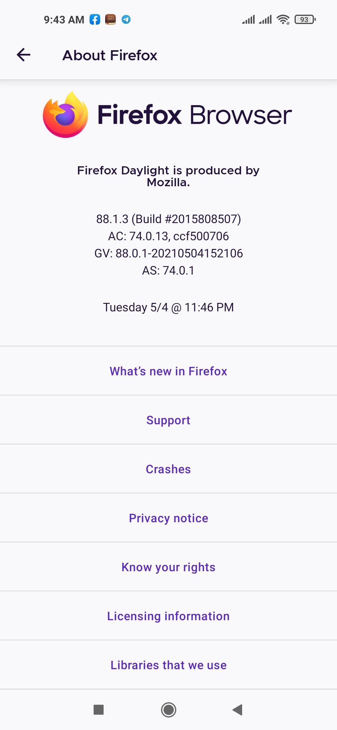 Отображение текущей версии Firefox