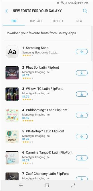 Список шрифтов в Galaxy Apps с превью и ценами