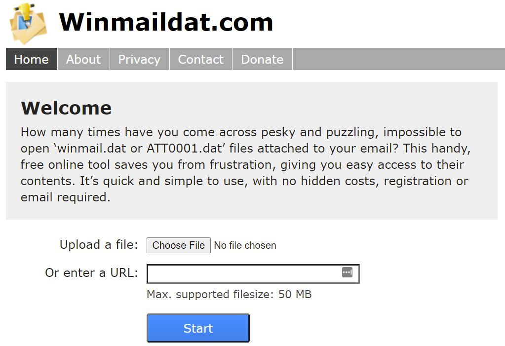 Главная страница Winmaildat.com для декодирования winmail.dat