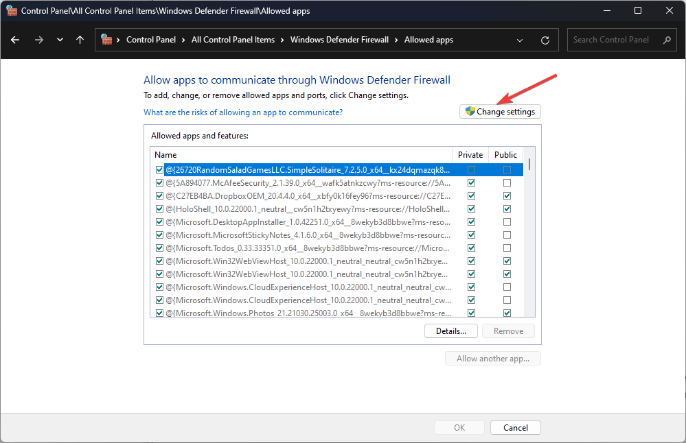 Кнопка Изменить параметры для добавления приложений