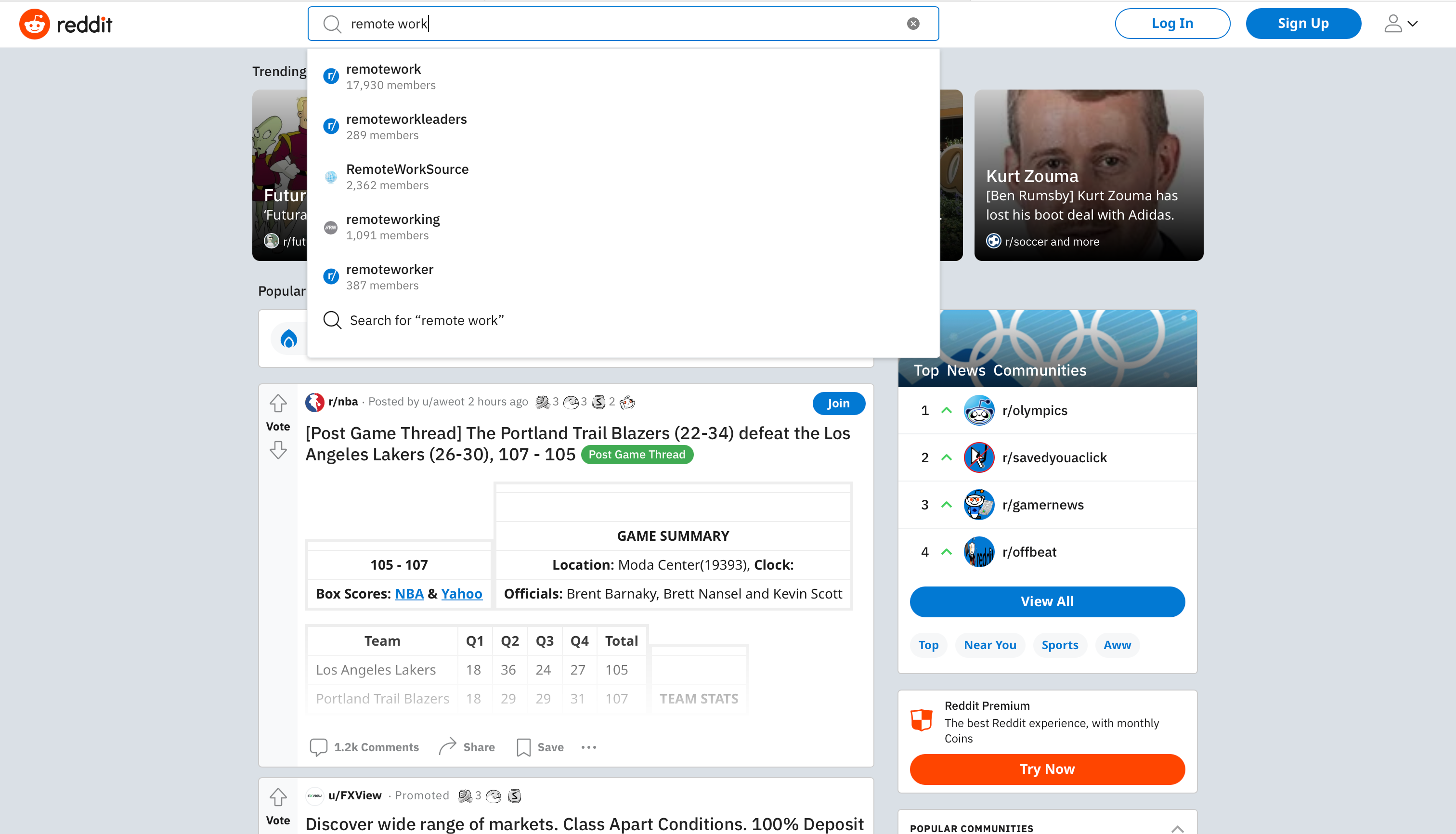 Поле поиска Reddit с запросом «remote work»