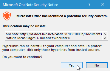 Диалог безопасности OneNote при доступе к OneDrive