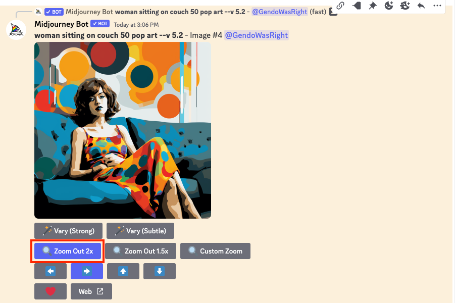 Кнопка Zoom Out 2x в интерфейсе MidJourney.