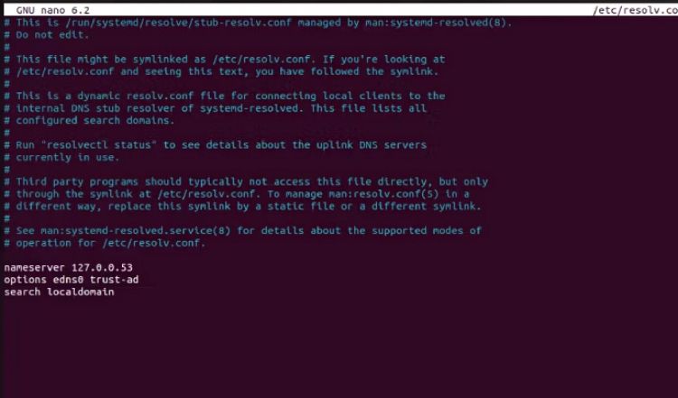 Редактирование /etc/resolv.conf в редакторе nano