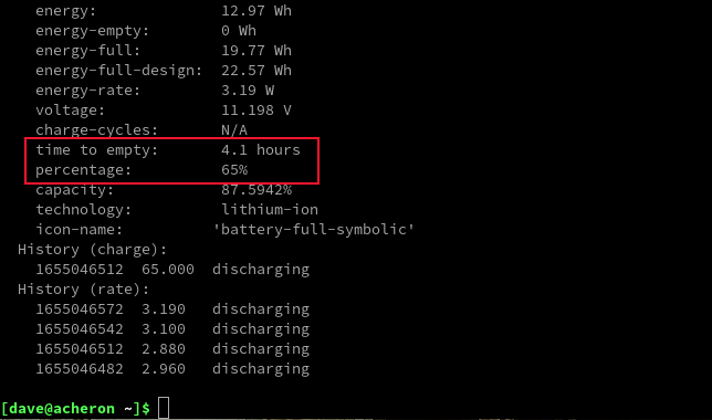 Вывод upower при отключенном адаптере питания