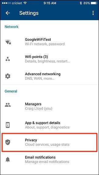 Экран приватности в приложении Google WiFi