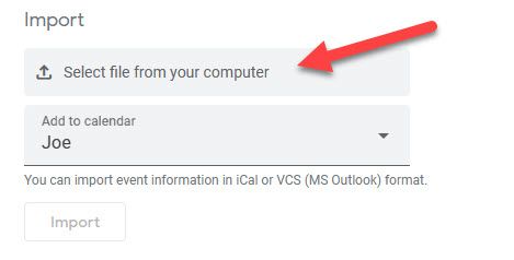 Выберите .ics файл для импорта