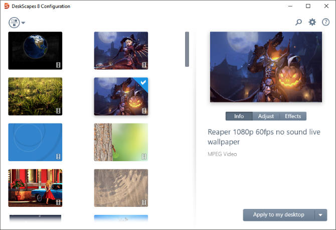 Окно DeskScapes с импортированным видео