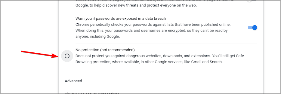 Опция Нет защиты в Chrome