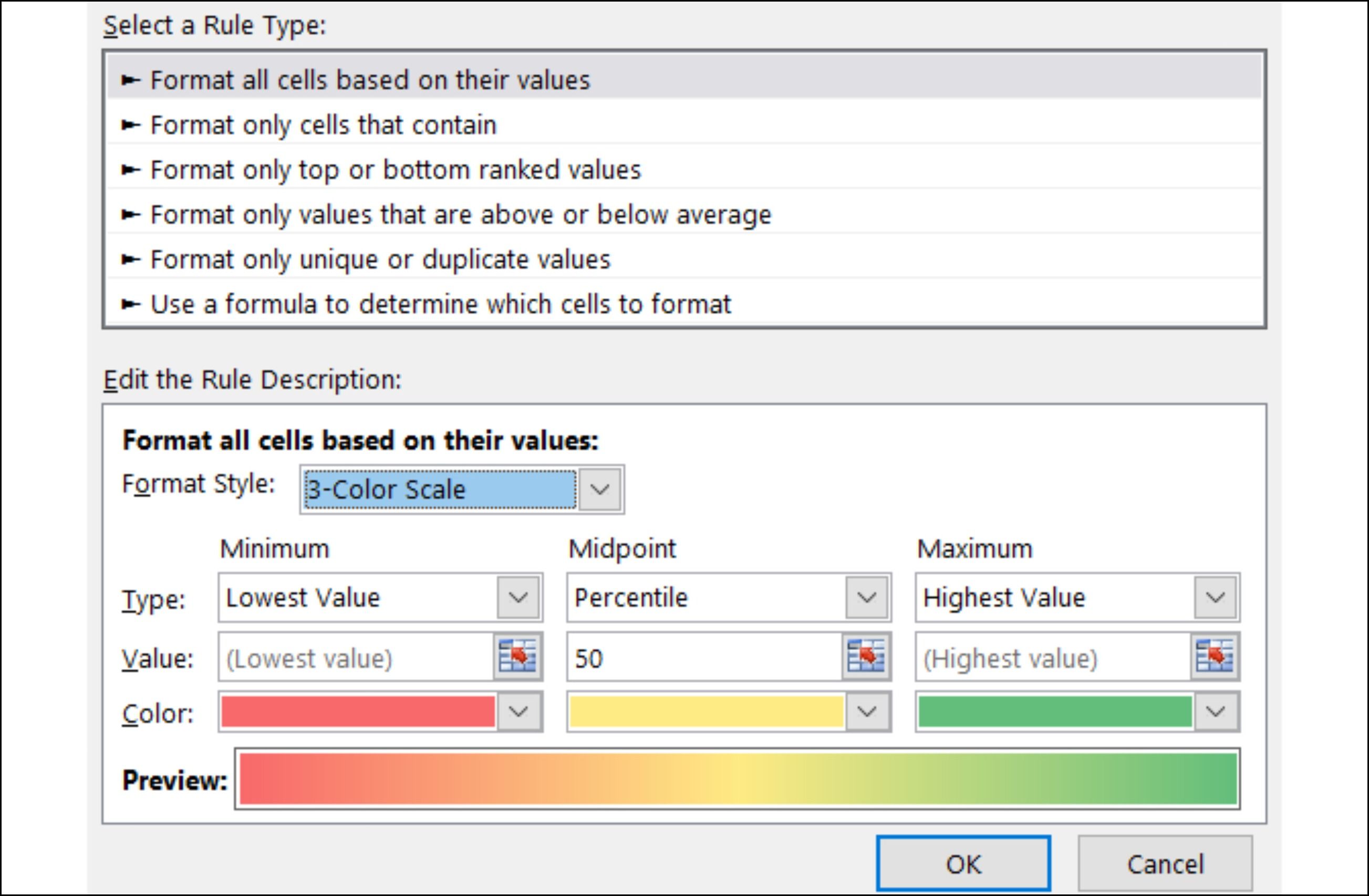 Шкала из трёх цветов для условного форматирования