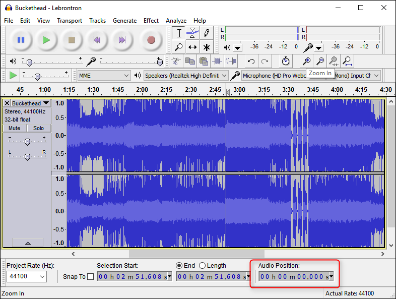 Отображение позиции воспроизведения и выбор фрагмента в Audacity